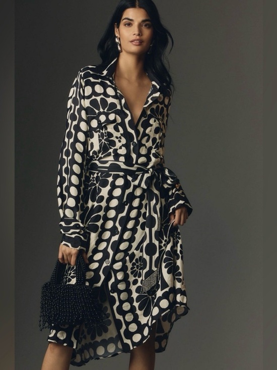 FARM Rio Dresses & Skirts - FARM RIO PALERMO Black Ivory Printed Shirt Dress / Belt Tie Waist SZ L EUC $260